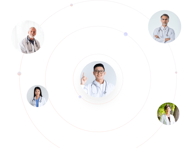 Doctors connected in a circular formation graphic.